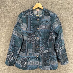 Tudor Court Jacket Women L Large Blue Geometric Button Up Long Sleeve Casual